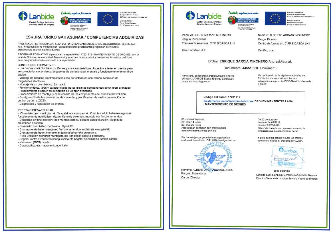 CERTIFICADO CURSO MONTAJE Y MANTENIMIENTO DE DRONES